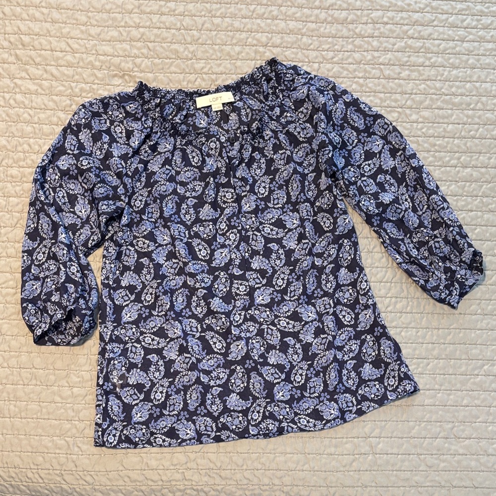 LOFT Blue Paisley 3/4 Sleeve Blouse, XXSP, EUC